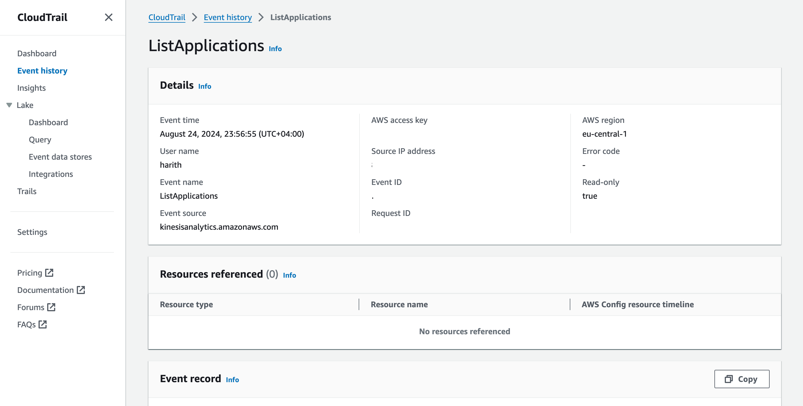 CloudTrail Event History - Inside 